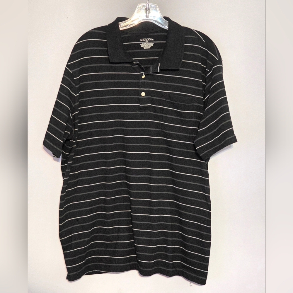 Merona Black Polo Shirt with Grey and White Stripes Size XXL 2X